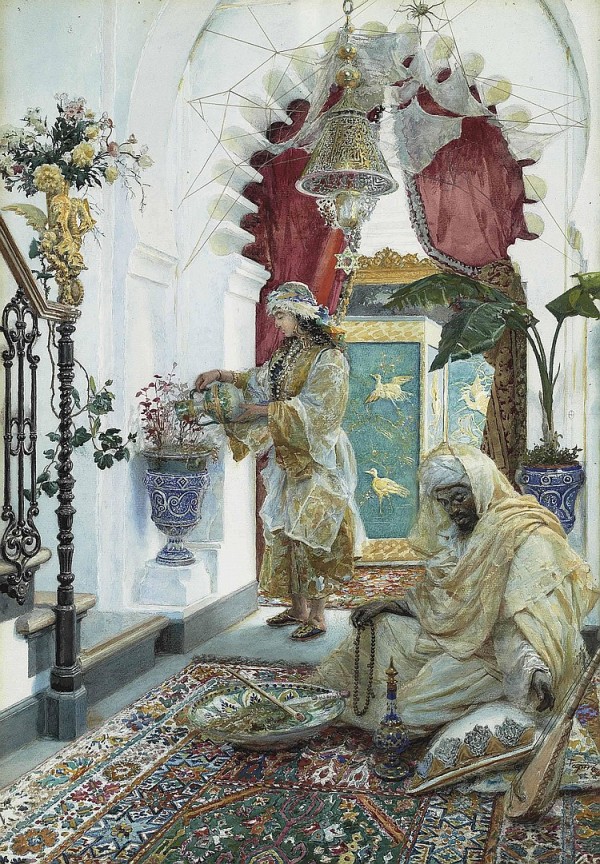 An Oriental woman watering the plants by Josep Tapiro Baro